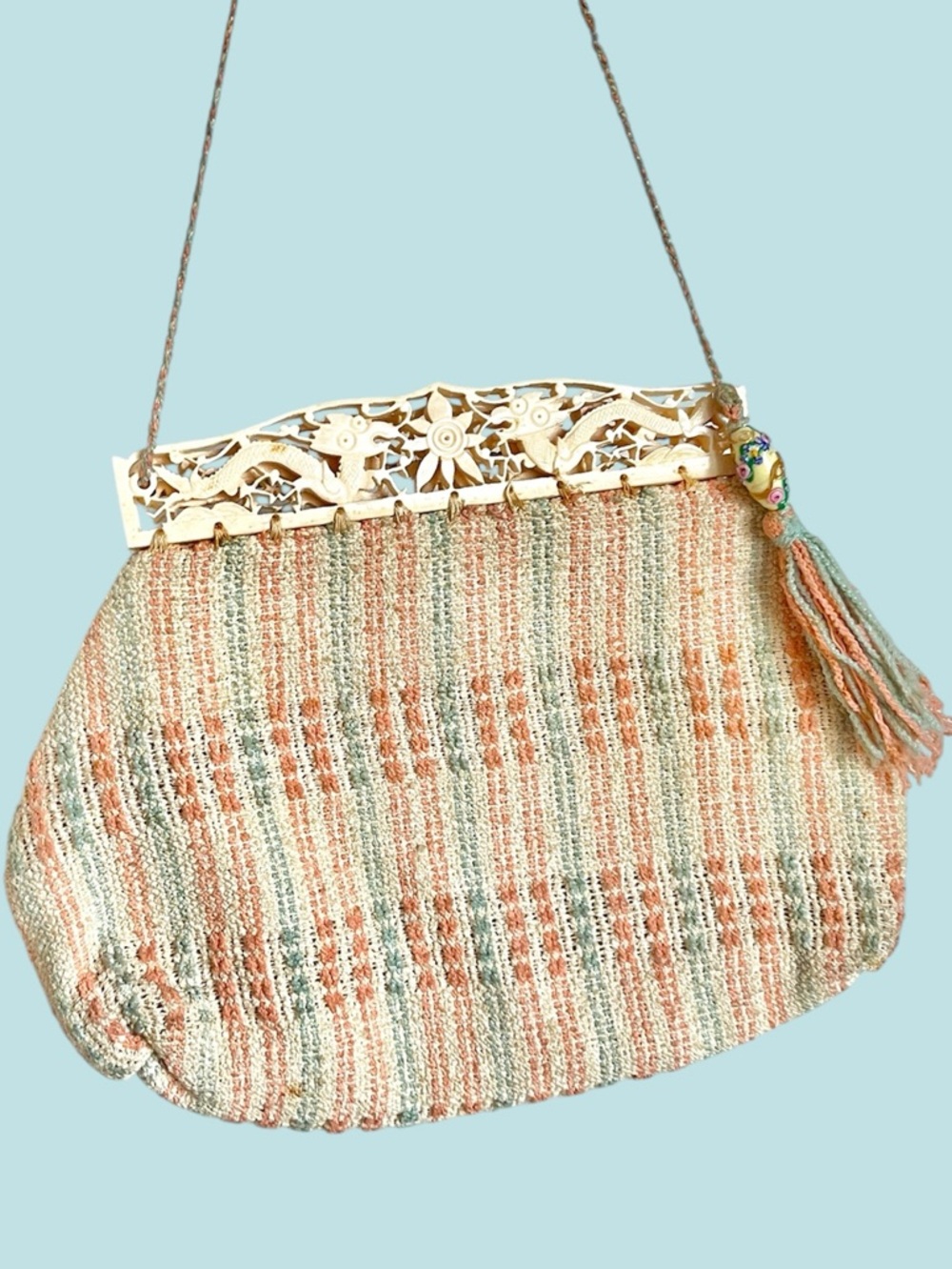 1920s Purse Carved Celluloid Frame Dragon Floral Motif Tassel Summer Wedding Bag